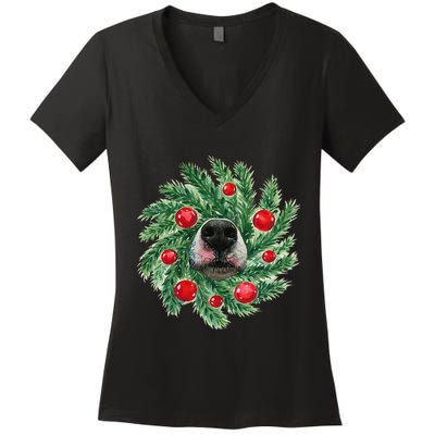 Cute Husky Dog Nose Christmas Wreath Dog Mom Dog Lover Women's V-Neck T-Shirt