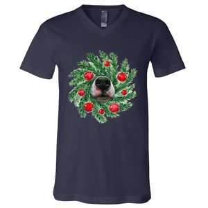 Cute Husky Dog Nose Christmas Wreath Dog Mom Dog Lover V-Neck T-Shirt