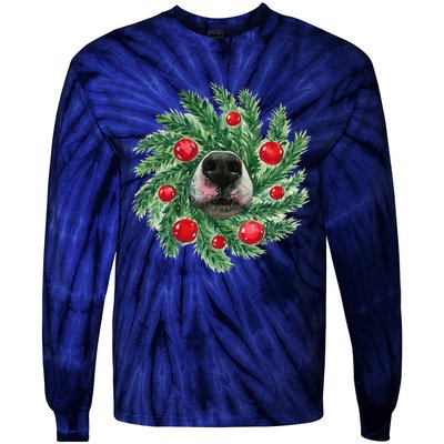 Cute Husky Dog Nose Christmas Wreath Dog Mom Dog Lover Tie-Dye Long Sleeve Shirt