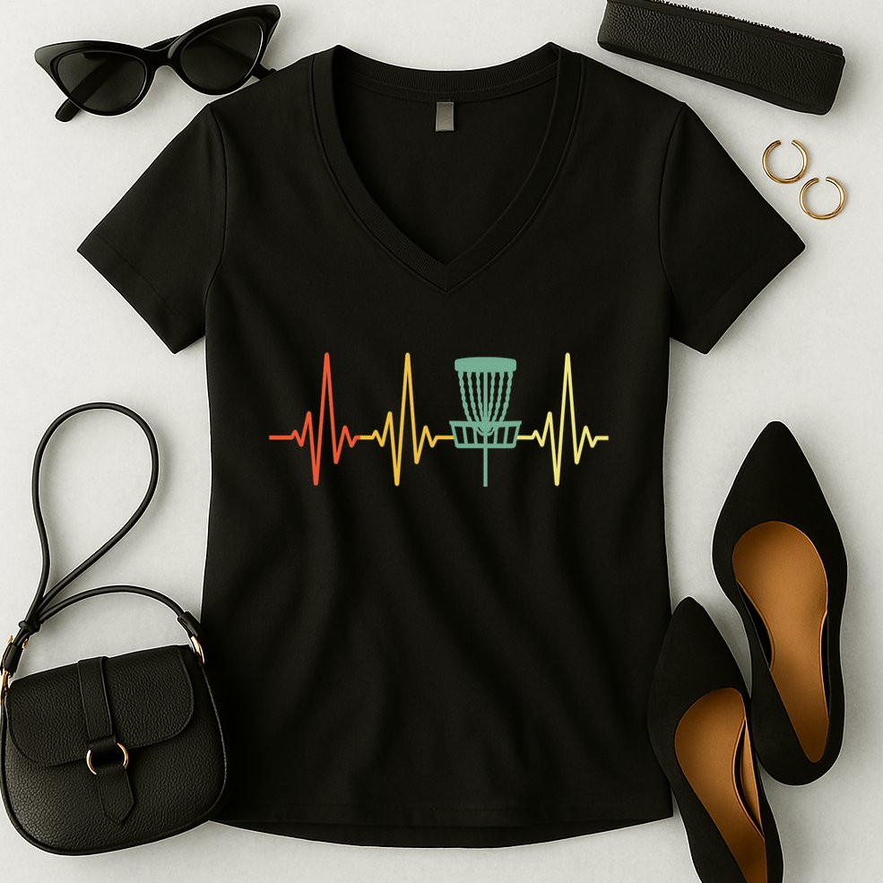 Cool Heartbeat Disc Golf Lovers with Flying Disc Women's V-Neck T-Shirt