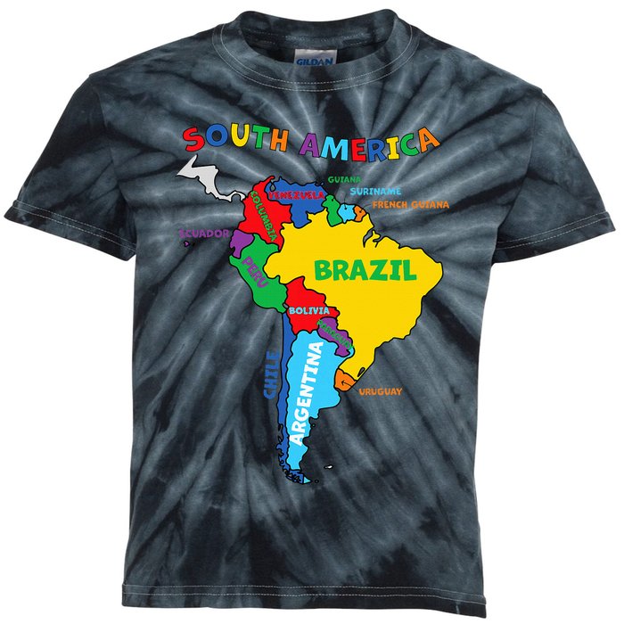 Colorful Hand Drawn Illustrated Map Of South America Kids Tie-Dye T-Shirt