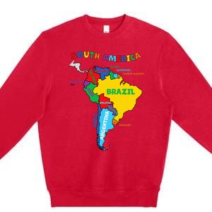 Colorful Hand Drawn Illustrated Map Of South America Premium Crewneck Sweatshirt