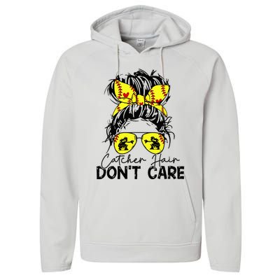 Catcher Hair Dont Care Messy Bun Softball Girl Performance Fleece Hoodie