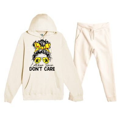 Catcher Hair Dont Care Messy Bun Softball Girl Premium Hooded Sweatsuit Set