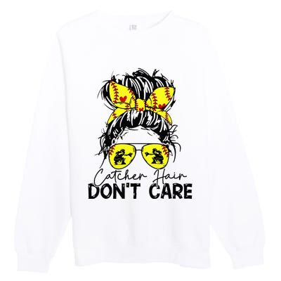 Catcher Hair Dont Care Messy Bun Softball Girl Premium Crewneck Sweatshirt