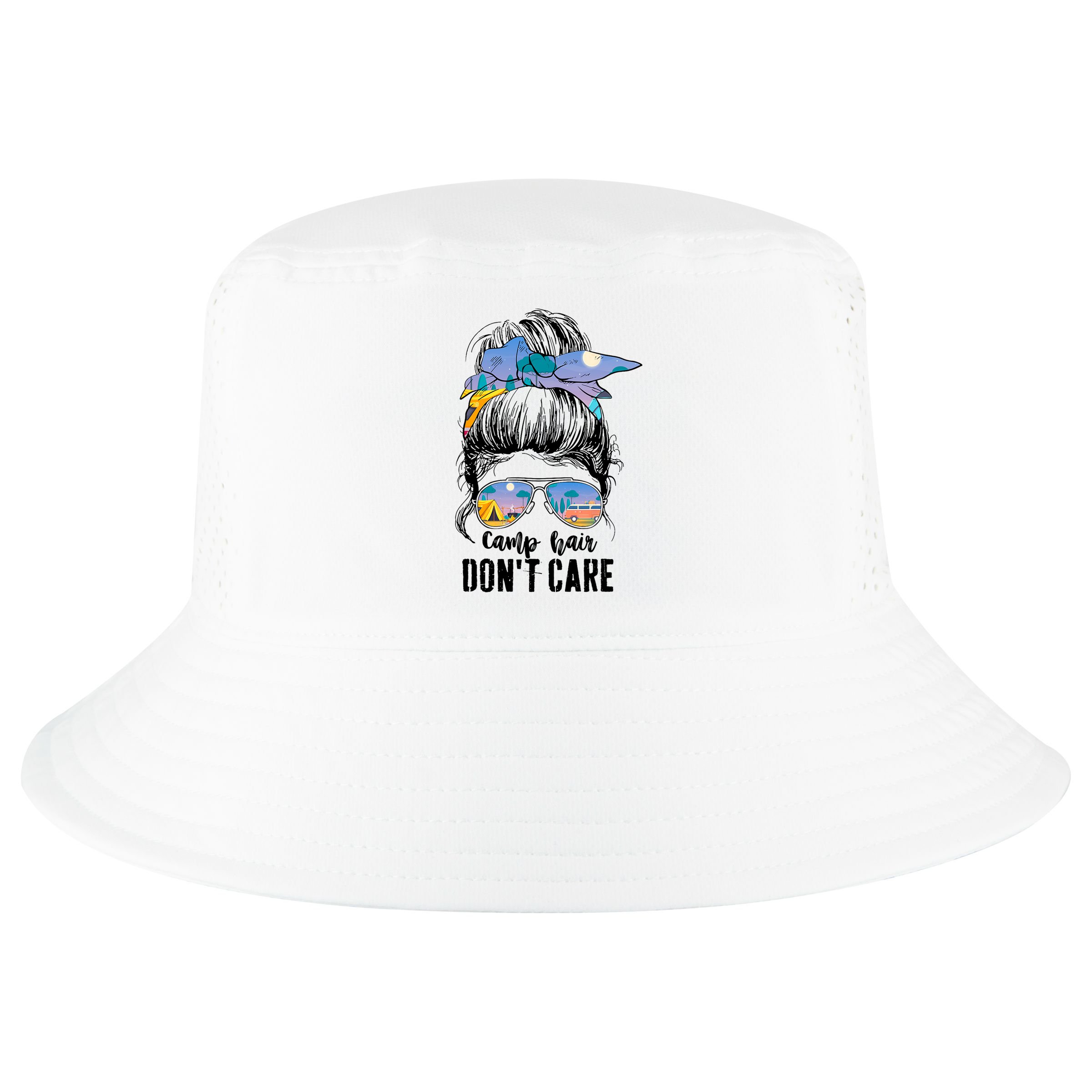 Camp Hair Don_t Care Womens Camper Camping Messy Bun Hair Cool Comfort Performance Bucket Hat