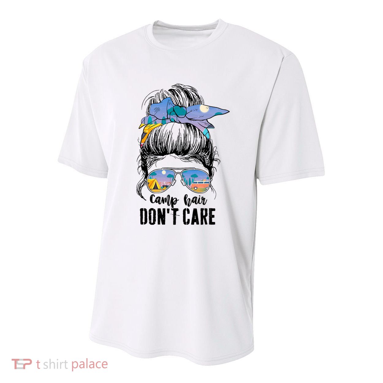 Camp Hair Don_t Care Womens Camper Camping Messy Bun Hair Youth Performance Sprint T-Shirt