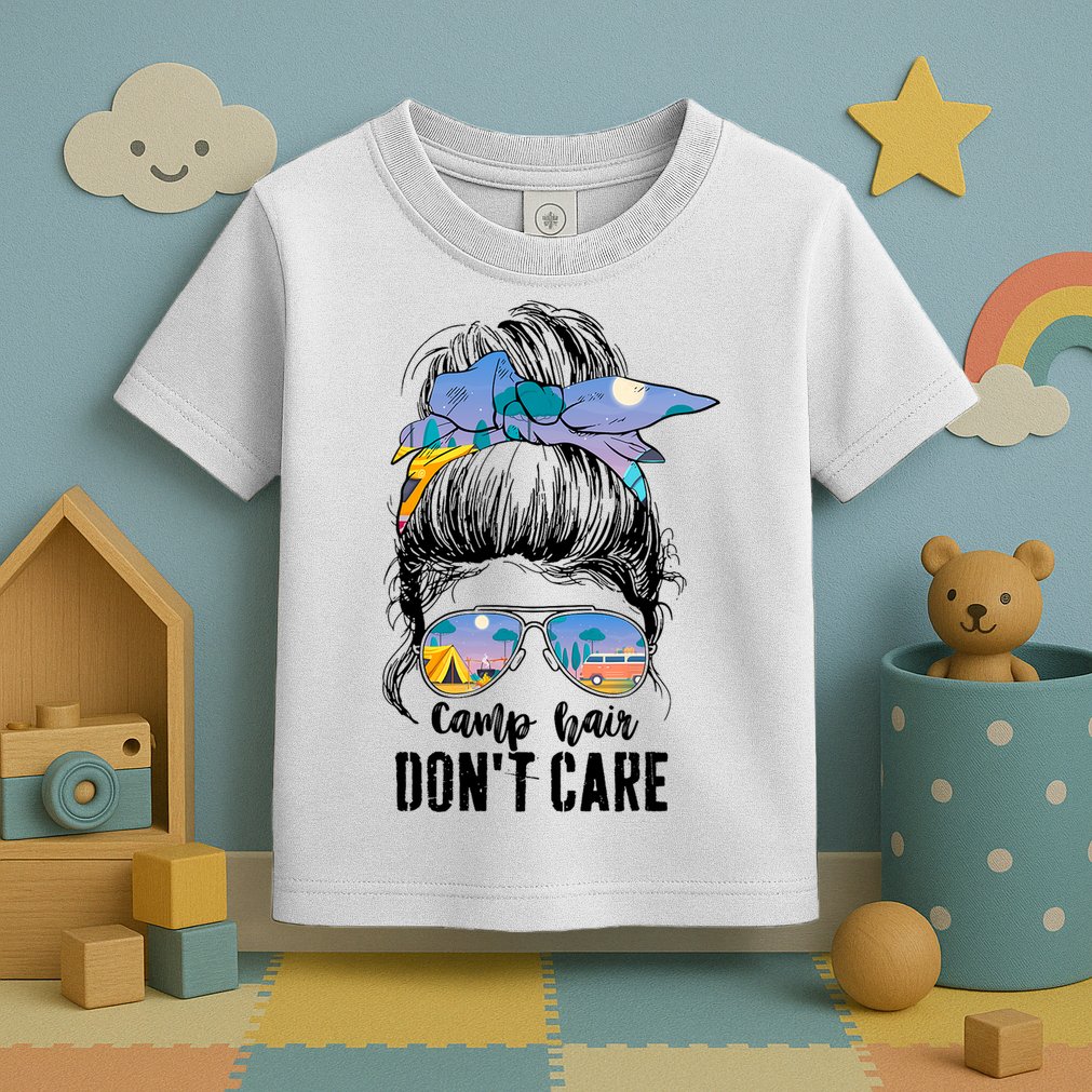 Camp Hair Don_t Care Womens Camper Camping Messy Bun Hair Toddler T-Shirt