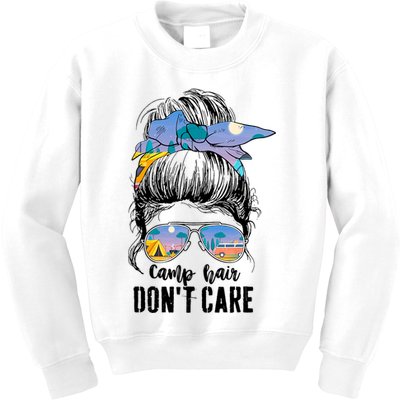 Camp Hair Don_t Care Womens Camper Camping Messy Bun Hair Kids Sweatshirt