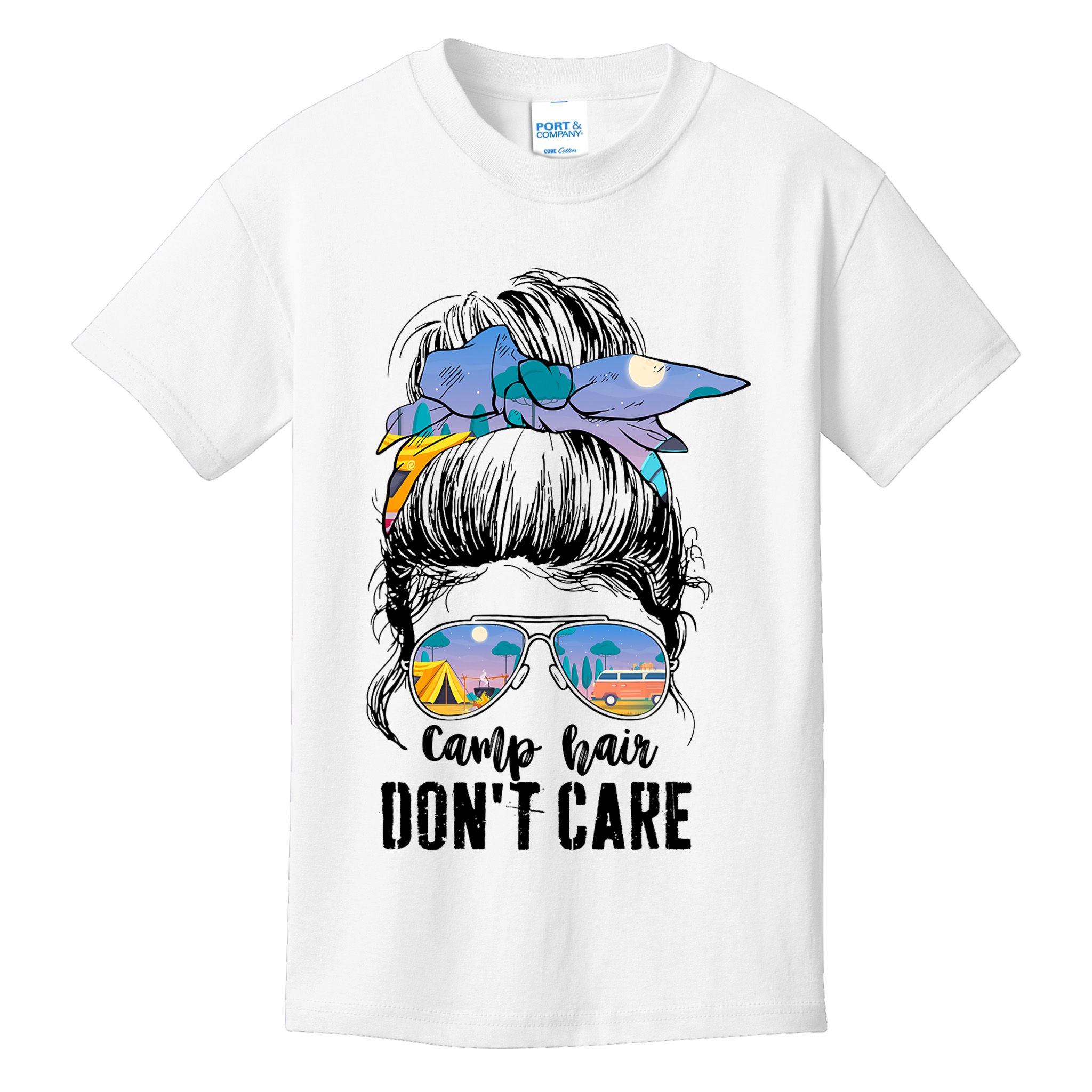Camp Hair Don_t Care Womens Camper Camping Messy Bun Hair Kids T-Shirt