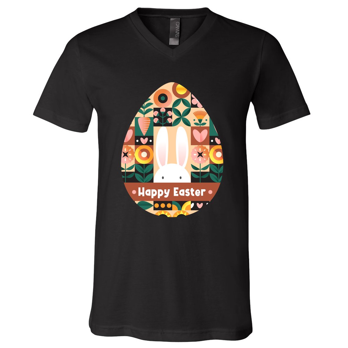 Cute Happy Easter Bunny Rabbit Egg Floral Flower Pattern V-Neck T-Shirt