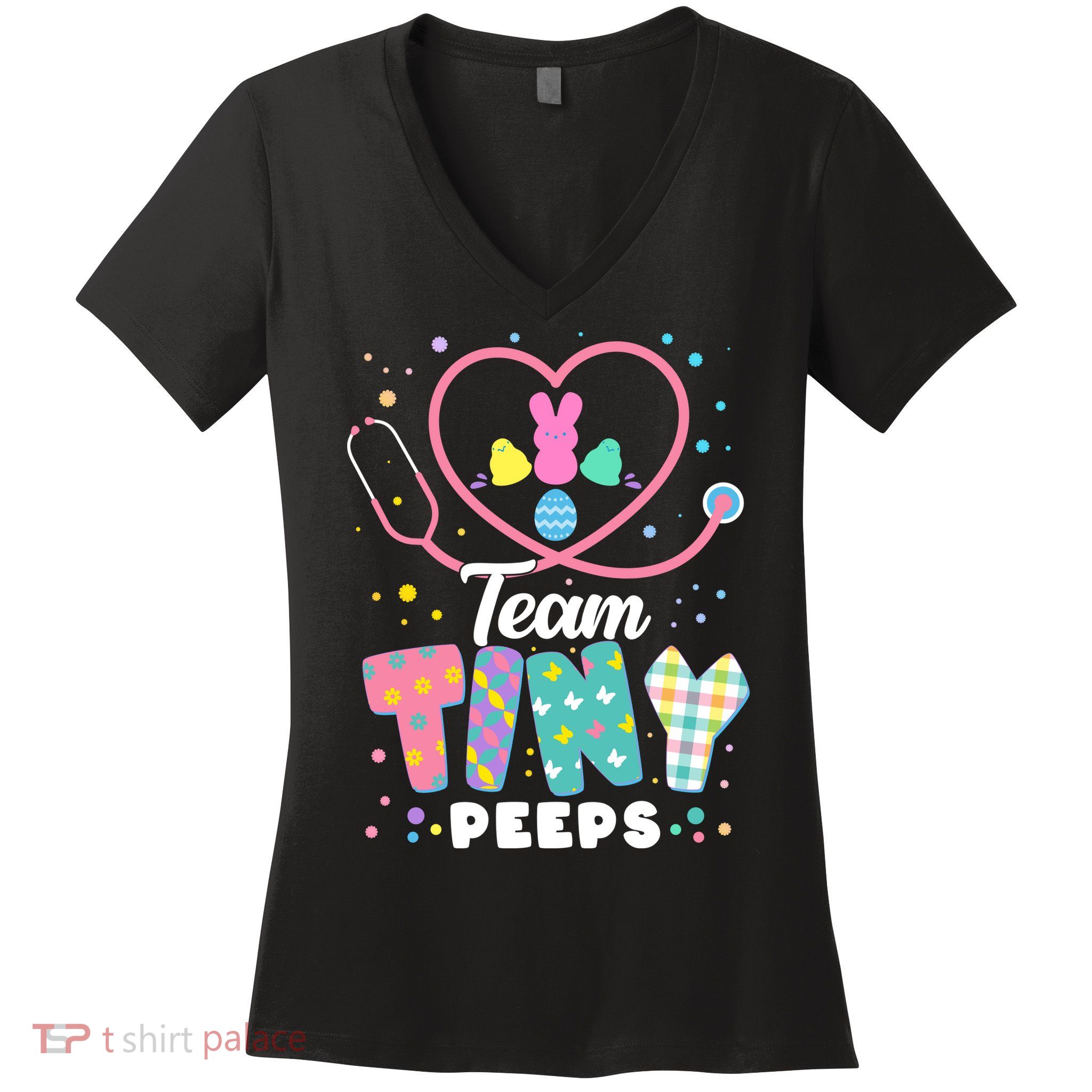 Cute Happy Easter Team Tiny Peeps Nurse Doctor Stethoscope Women's V-Neck T-Shirt