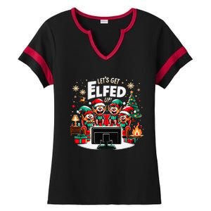 Christmas Hilarious Elves Party With Xmas Tree And Fireplace Ladies Halftime Notch Neck Tee