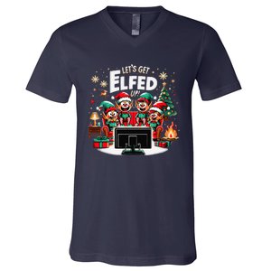 Christmas Hilarious Elves Party With Xmas Tree And Fireplace V-Neck T-Shirt