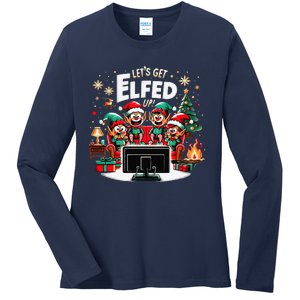 Christmas Hilarious Elves Party With Xmas Tree And Fireplace Ladies Long Sleeve Shirt