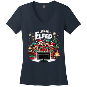 Christmas Hilarious Elves Party With Xmas Tree And Fireplace Women's V-Neck T-Shirt