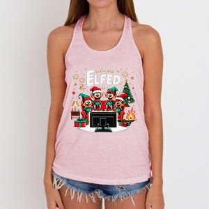 Christmas Hilarious Elves Party With Xmas Tree And Fireplace Women's Knotted Racerback Tank