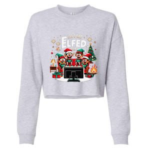 Christmas Hilarious Elves Party With Xmas Tree And Fireplace Cropped Pullover Crew