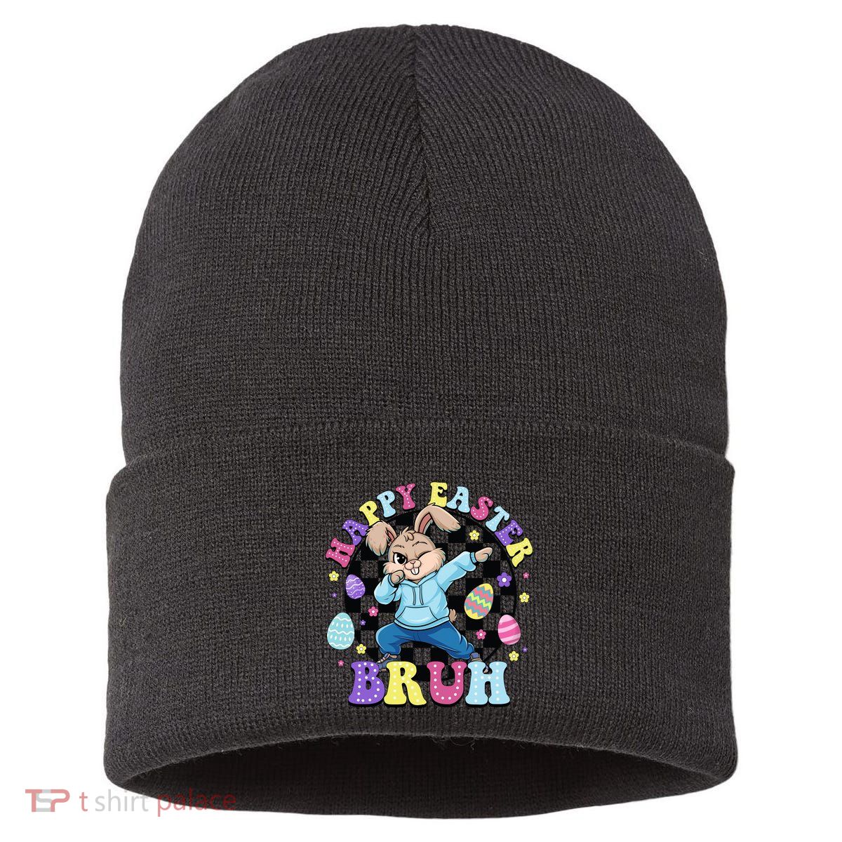 Checkered Happy Easter Bruh Bunny Sustainable Knit Beanie
