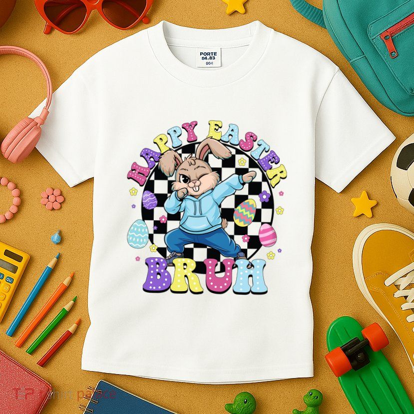 Checkered Happy Easter Bruh Bunny Kids T-Shirt