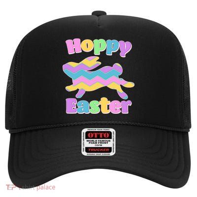 Cute Hoppy Easter Colorful Easter Bunny High Crown Mesh Back Trucker Hat