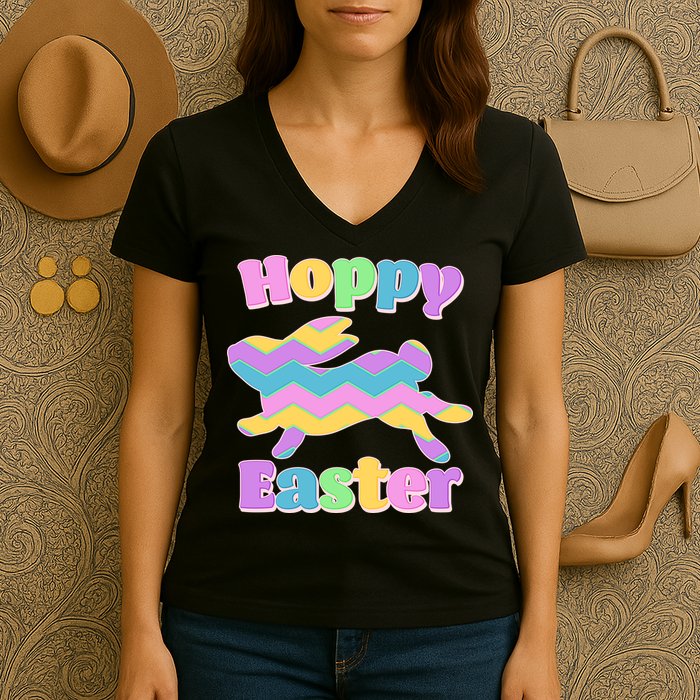 Cute Hoppy Easter Colorful Easter Bunny Women's V-Neck T-Shirt