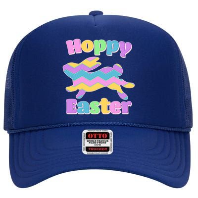 Cute Hoppy Easter Colorful Easter Bunny High Crown Mesh Back Trucker Hat