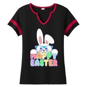 Cute Happy Easter Bunny Rabbit With Glasses Ladies Halftime Notch Neck Tee