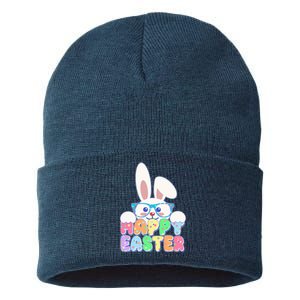 Cute Happy Easter Bunny Rabbit With Glasses Sustainable Knit Beanie