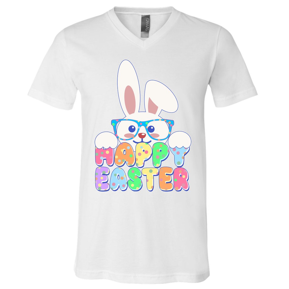 Cute Happy Easter Bunny Rabbit With Glasses V-Neck T-Shirt