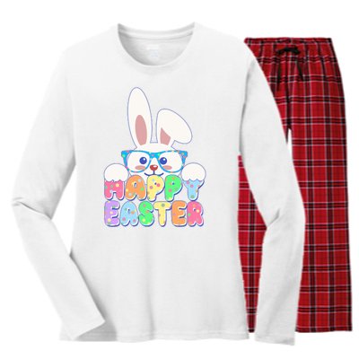 Cute Happy Easter Bunny Rabbit With Glasses Women's Long Sleeve Flannel Pajama Set 