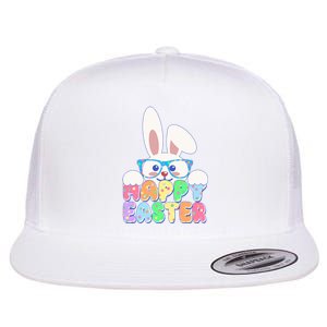 Cute Happy Easter Bunny Rabbit With Glasses Flat Bill Trucker Hat