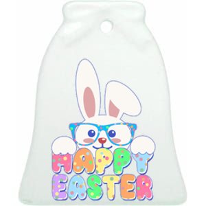 Cute Happy Easter Bunny Rabbit With Glasses Ceramic Bell Ornament