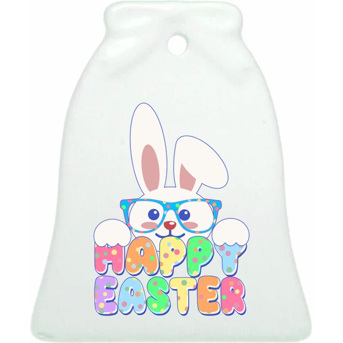 Cute Happy Easter Bunny Rabbit With Glasses Ceramic Bell Ornament