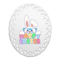 Cute Happy Easter Bunny Rabbit With Glasses Ceramic Oval Ornament