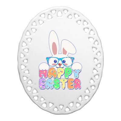 Cute Happy Easter Bunny Rabbit With Glasses Ceramic Oval Ornament