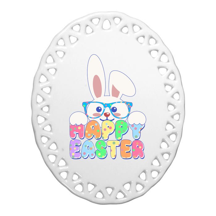 Cute Happy Easter Bunny Rabbit With Glasses Ceramic Oval Ornament