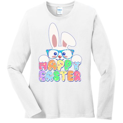 Cute Happy Easter Bunny Rabbit With Glasses Ladies Long Sleeve Shirt