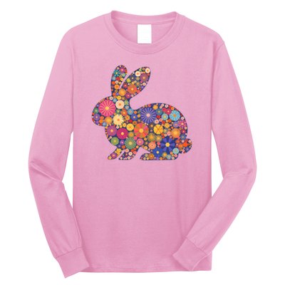 Cute Happy Easter Bunny Retro Spring Flowers  Long Sleeve Shirt