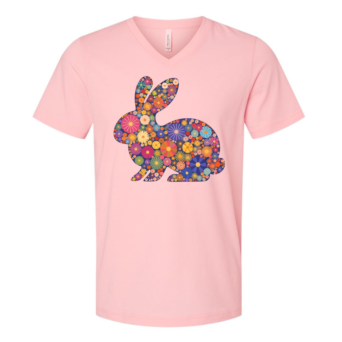 Cute Happy Easter Bunny Retro Spring Flowers  V-Neck T-Shirt