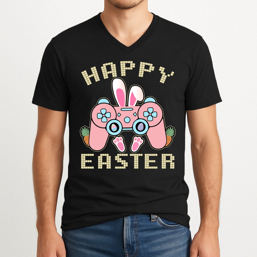 Cute Happy Easter Bunny Game Controller V-Neck T-Shirt