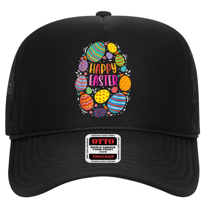 Cute Happy Easter For Teen Girls Boy Easter Colorful Eggs High Crown Mesh Back Trucker Hat