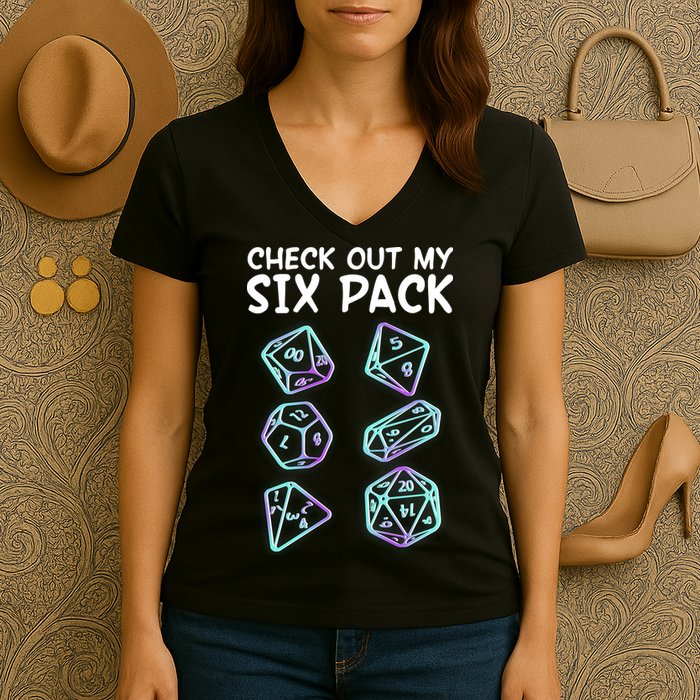 Check Out My Six Pack DND Dice Dungeons And Dragons Women's V-Neck T-Shirt