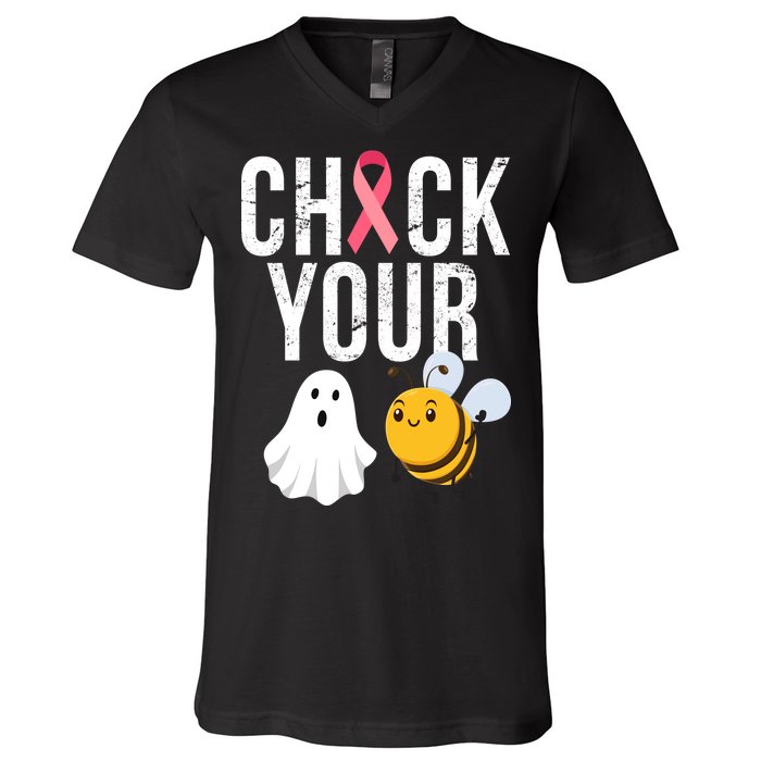 Check Your Boo Bees Breast Cancer Halloween V-Neck T-Shirt