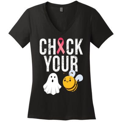 Check Your Boo Bees Breast Cancer Halloween Women's V-Neck T-Shirt