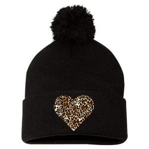 Cheetah Print Heart Pom Pom 12in Knit Beanie