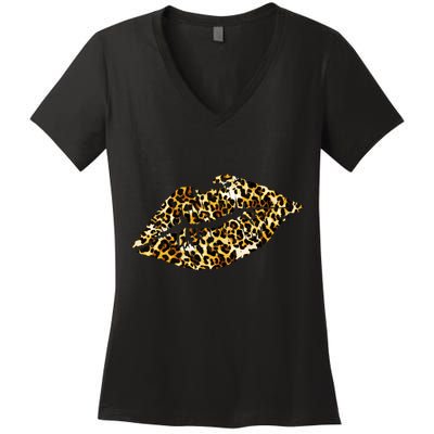 Cheetah Print Skinned Lips Women's V-Neck T-Shirt