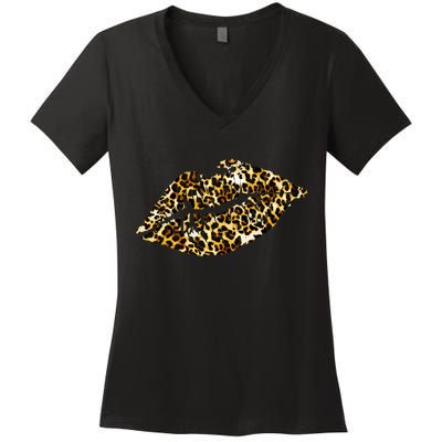 Cheetah Print Skinned Lips Women's V-Neck T-Shirt