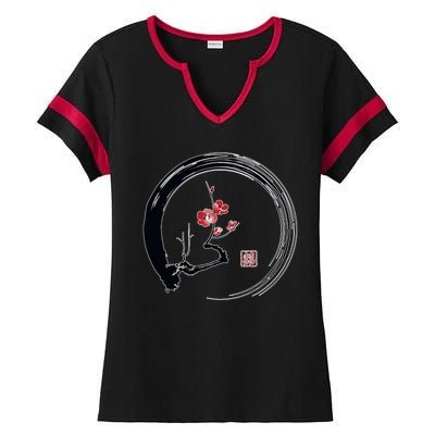 Cherry Blossom Japanese Ink Painting Ladies Halftime Notch Neck Tee