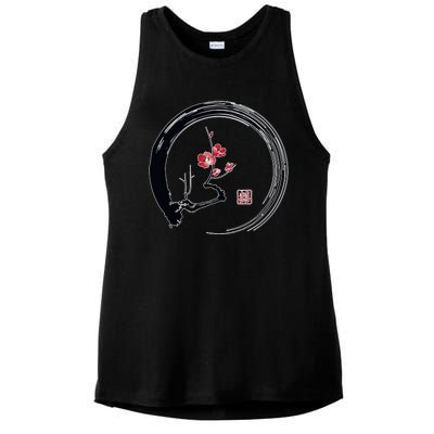 Cherry Blossom Japanese Ink Painting Ladies PosiCharge Tri-Blend Wicking Tank